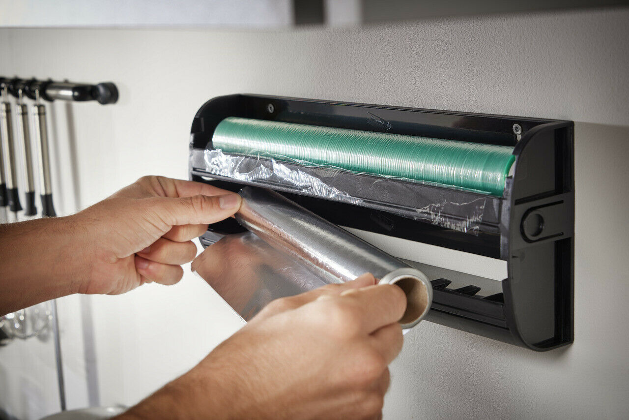 kitchen foil cling film wall holder and dispenser