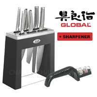 New GLOBAL KABUTO Black 7pc + Sharpener Knife Block Set Japanese Knives