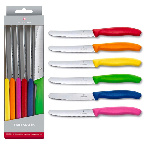 Victorinox Steak & Tomato Knife Pistol Grip 11cm | Colourful Set x 6 Knives