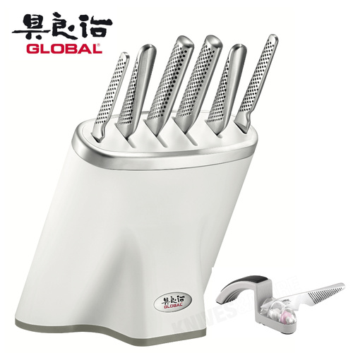 *GLOBAL ZEITAKU WHITE SHIRO 7pc 7 Piece Knife Block Set + MINO SHARPENER